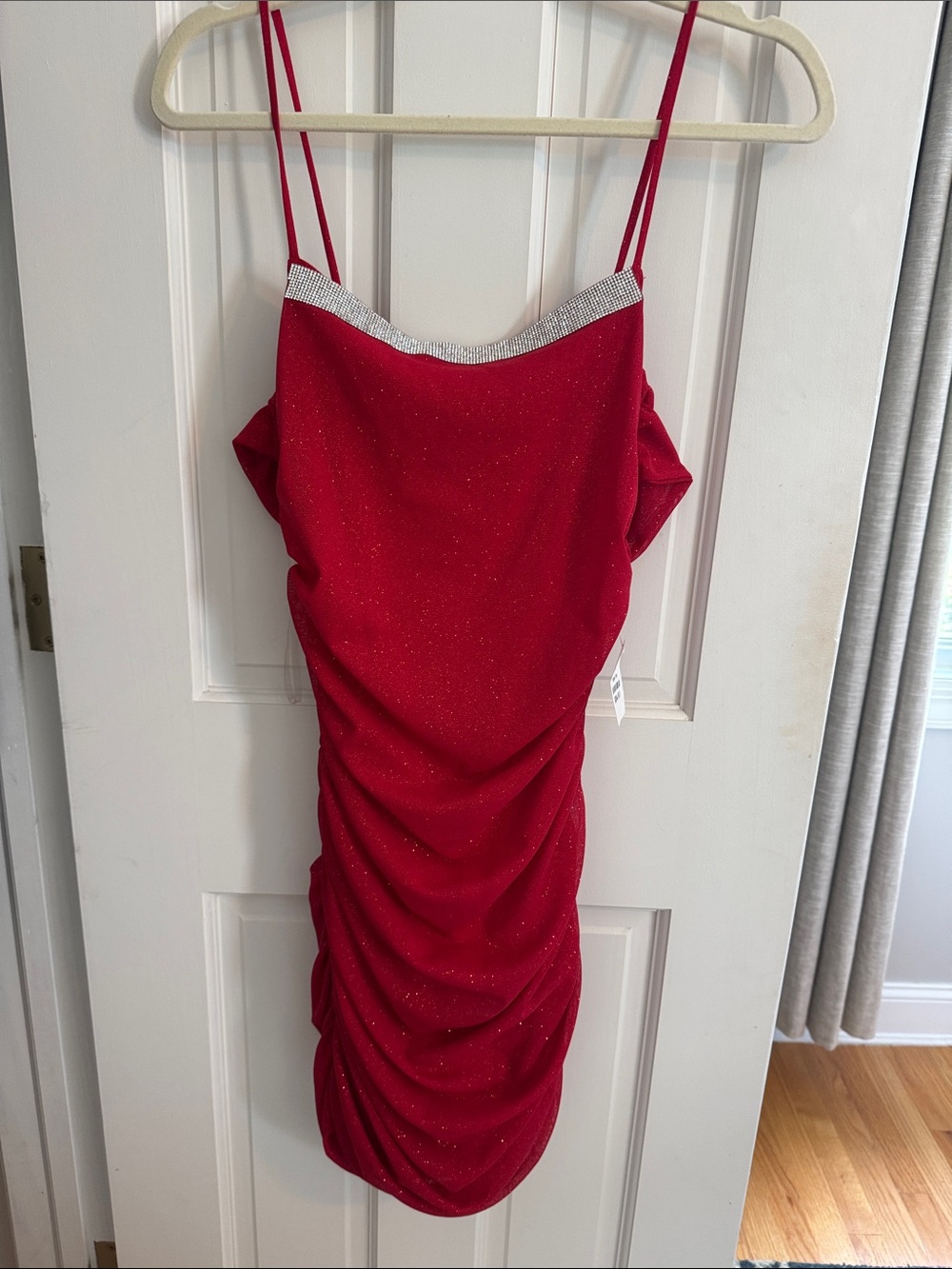 Papermoon Red Sparkle Ruched Slip Dress with Rhinestone Trim